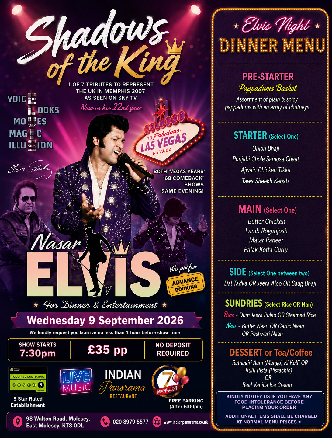 Shadows of the King - Nasar Elvis tribute dinner show at Indian Panorama, Wednesday 9 September 2026, 7:30pm, £35 per person