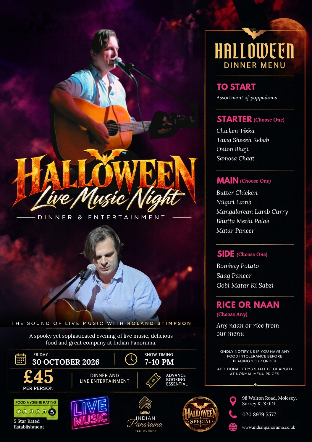 Halloween Live Music Night at Indian Panorama - dinner and live music with Roland Stimpson, Friday 30 October 2026, 7-10pm, £45 per person, advance booking essential